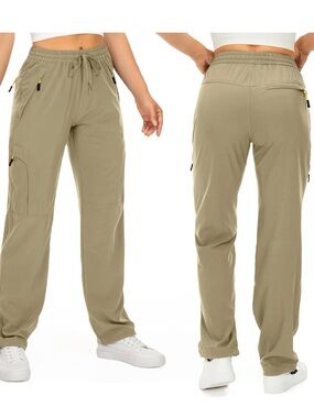 Women’s Utility Cargo Pants in Khaki - Elastic Waist & Zip Pockets